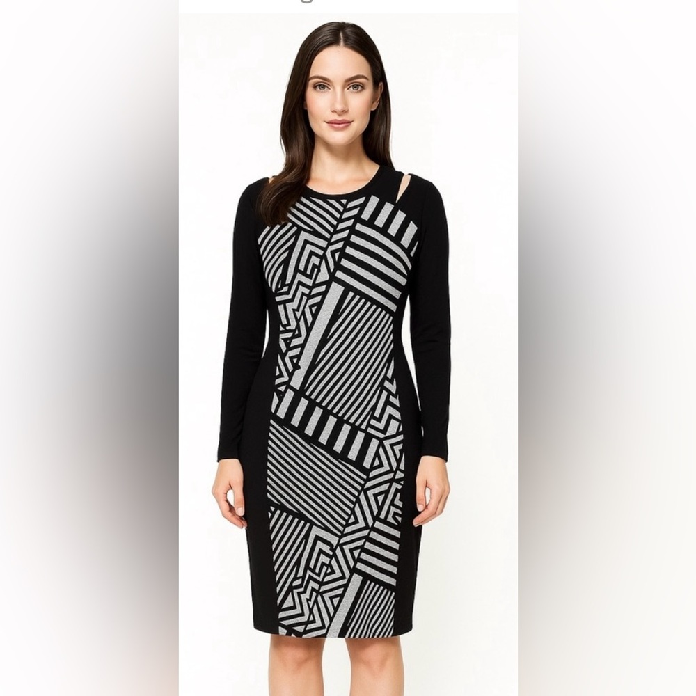 Joseph Ribkoff Knit, Cold Shoulder Geometric Dress:Black/ Grey: Can/ Us Size 10